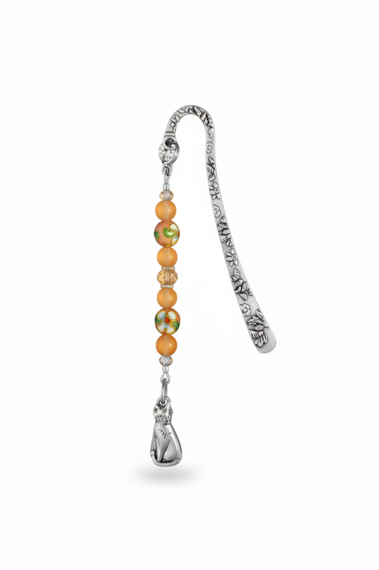 Sitting Cat Handmade Beaded Silver Plated Bookmark - One of a Kind on a white background showing charm detail.