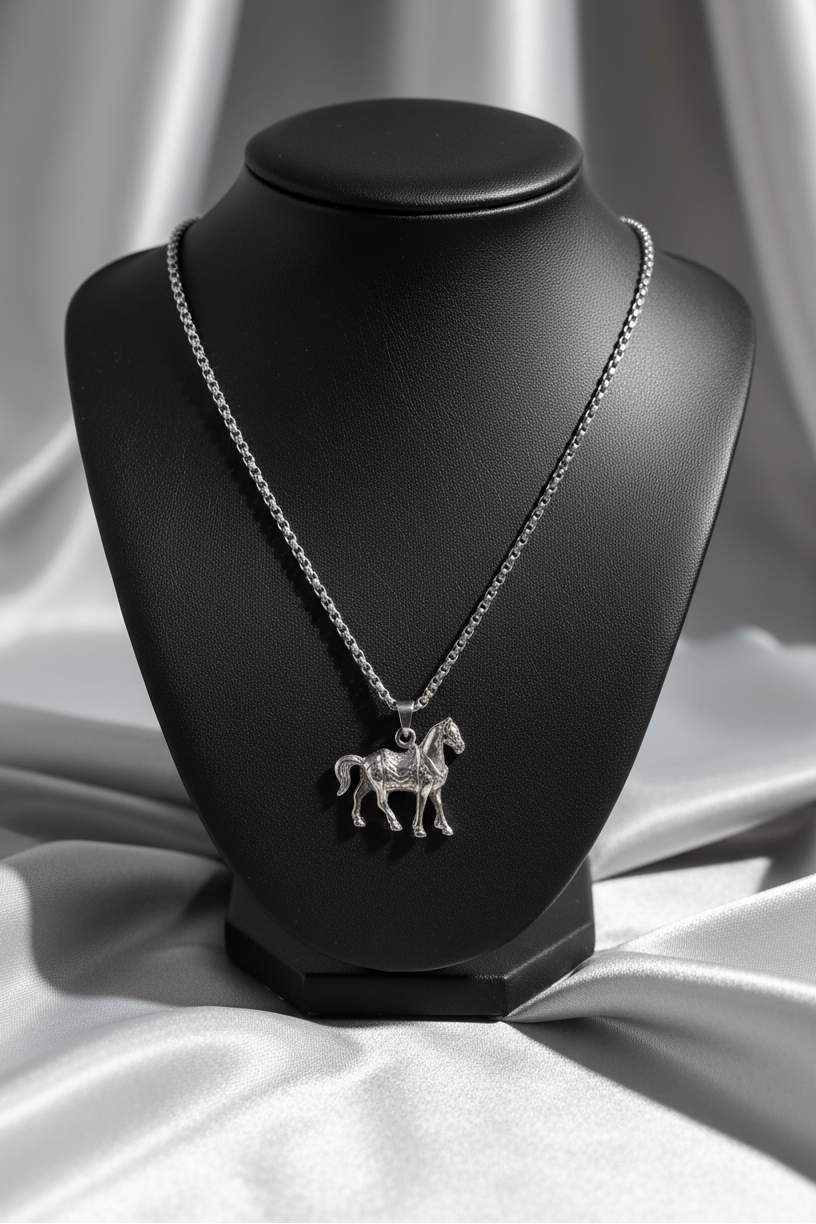 Quarter Horse Steel Chain Necklace in 316l stainless steel on a black bust.