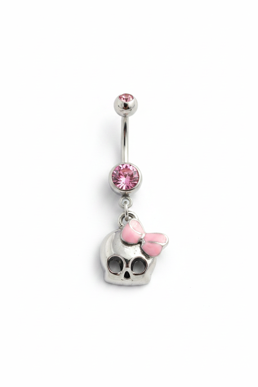 Pink Crystal Skull Belly Button Ring in 316l stainless steel close up detail.