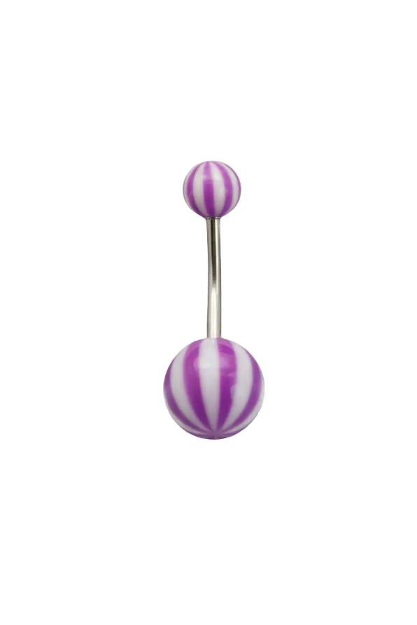 Purple and White Striped Acrylic Belly Button Ring in 316l stainless steel close up detail.
