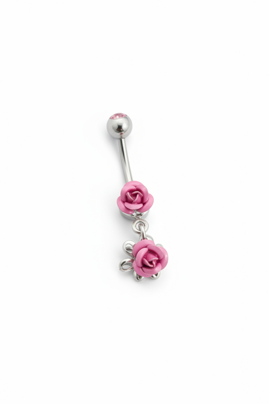 Double Pink Rose Belly Button Ring in 316l stainless steel close up detail.