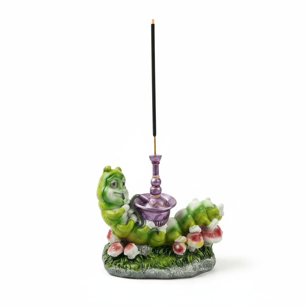 Caterpillar with Hookah Resin Incense Holder - Free Incense on a white background with incense burning and smoke rising.