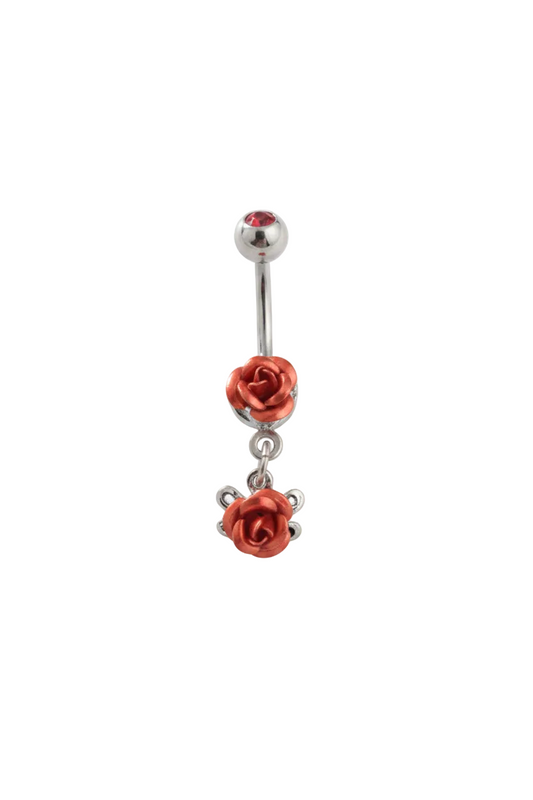Double Red Rose Belly Button Ring in 316l stainless steel close up detail.