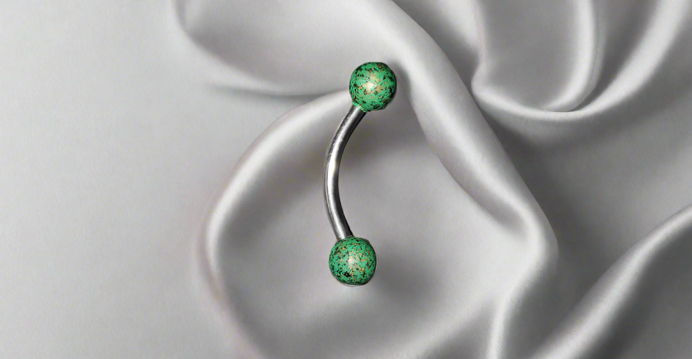 Steel Eye Brow Piercing with Green Acrylic Ball Ends