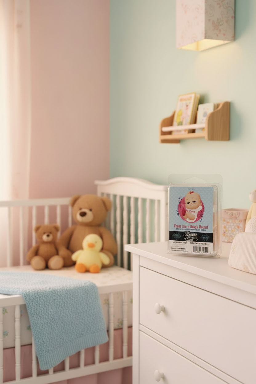Beamer Smoke Eater "Fresh Like a Baby's Behind" Scented Soy Wax Melt sitting on a dresser in a baby nursery.