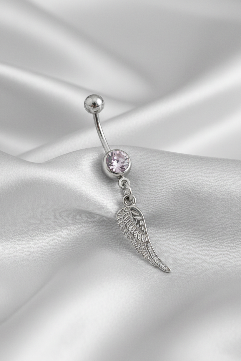 Purple Crystal Dove Wing Belly Button Ring in 316l stainless steel.
