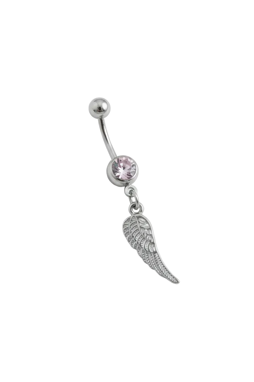 Purple Crystal Dove Wing Belly Button Ring in 316l stainless steel angled right.
