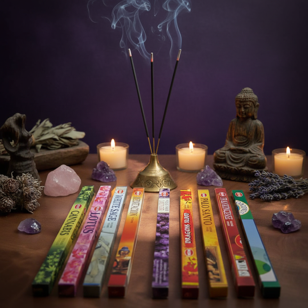 Sacred Meditation Incense Variety Gift Package burning in a mystic setting with smoke rising.