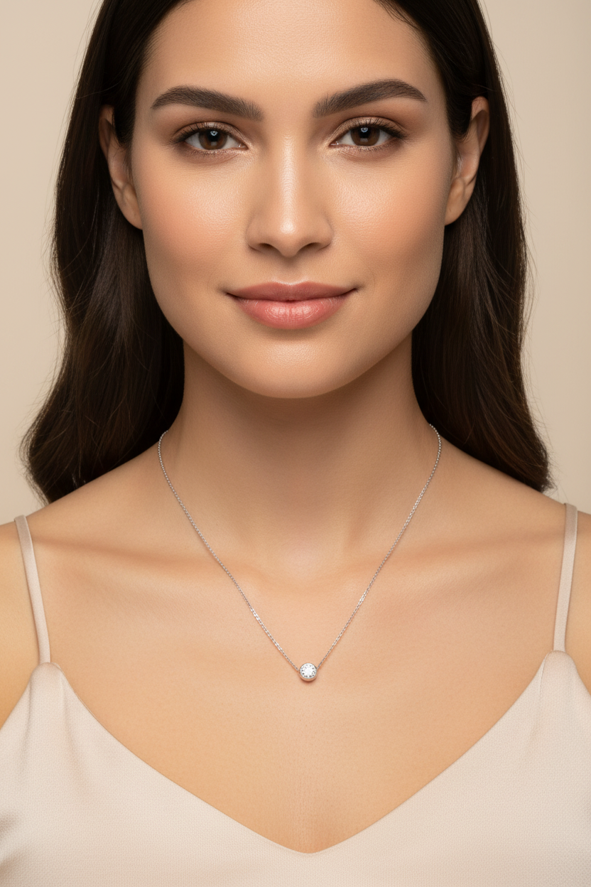 Clear Crystal Steel Chain Necklace in 316l stainless steel on a female model.