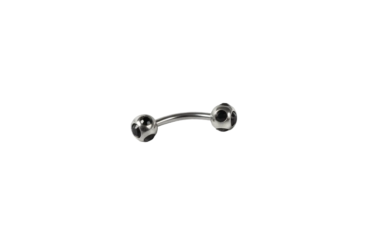 Black Multi-Crystal Eyebrow Ring in 316l stainless steel close up detail.