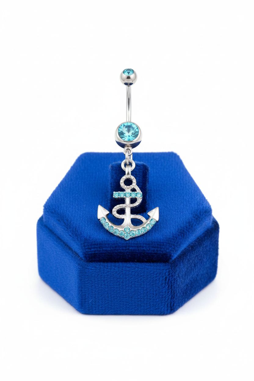 Aqua Crystal Rope Anchor Belly Button Ring in 316l stainless steel on a blue velvet jewelry display.