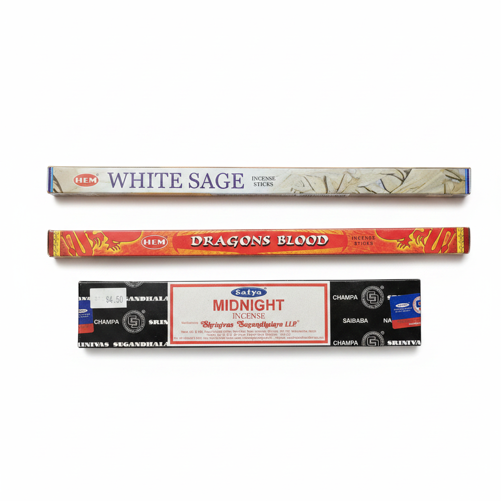 Satya Midnight, Hem Dragon's Blood and White Sage incense on a white background. Free with purchase of Skull and Bones Resin Incense Holder - Free Incense.