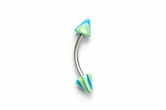 Blue and Green Spiked Acrylic Eyebrow Ring in 316l stainless steel close up detail.