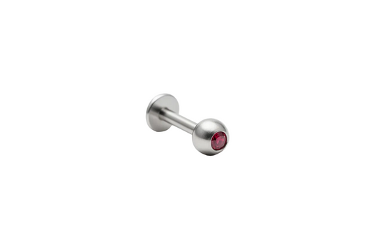 Red Crystal Labret Lip Ring in 316l stainless steel in close up detail.