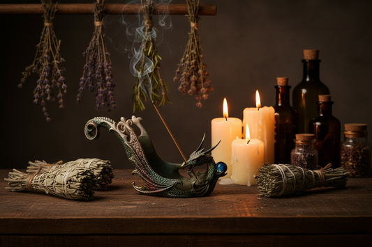 Rainbow Dragon Incense Holder - Resin on the counter in a mystic kitchen with incense burning and smoke rising.
