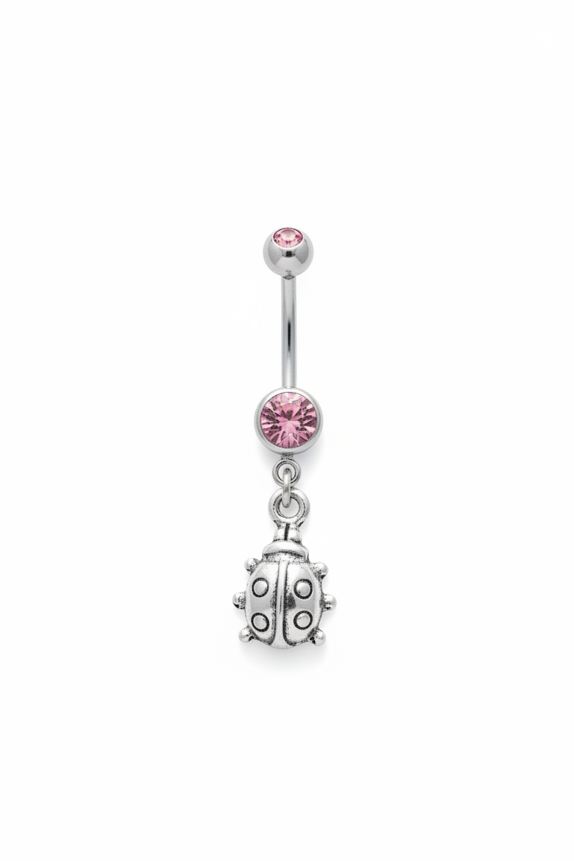 Pink Crystal Lady Bug Belly Button Ring in 316l stainless steel close up detail.