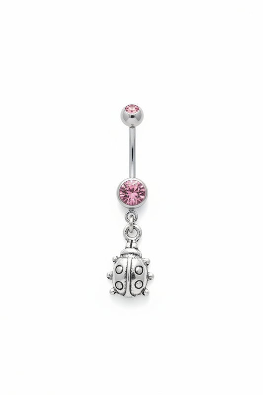 Pink Crystal Lady Bug Belly Button Ring in 316l stainless steel close up detail.