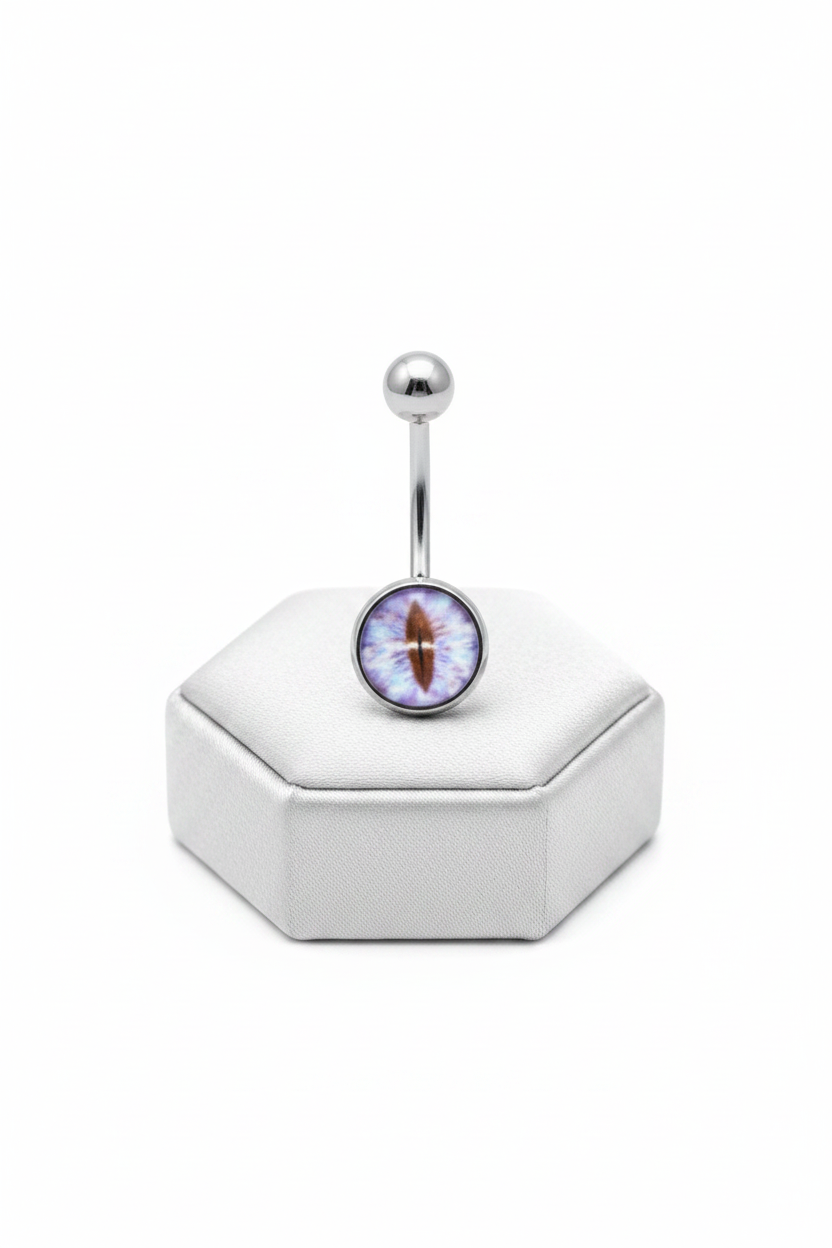 Blue Snake Eye Belly Button Ring in 316l stainless steel on a silver jewelry display upright position.
