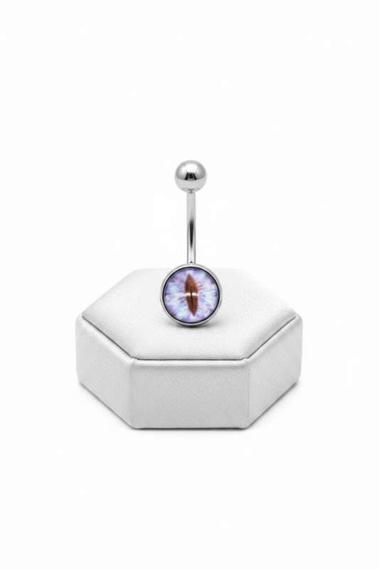 Blue Snake Eye Belly Button Ring in 316l stainless steel on a silver jewelry display upright position.