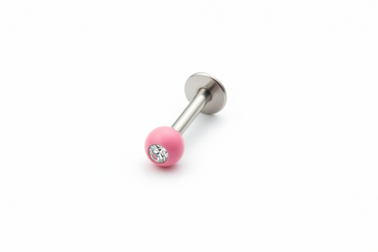 Clear Crystal Pink Acrylic Labret Lip Ring in 316l stainless steel close up detail.