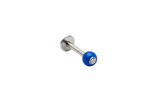 Clear Crystal Blue Acrylic Labret Lip Ring  in 316l stainless steel close up detail.