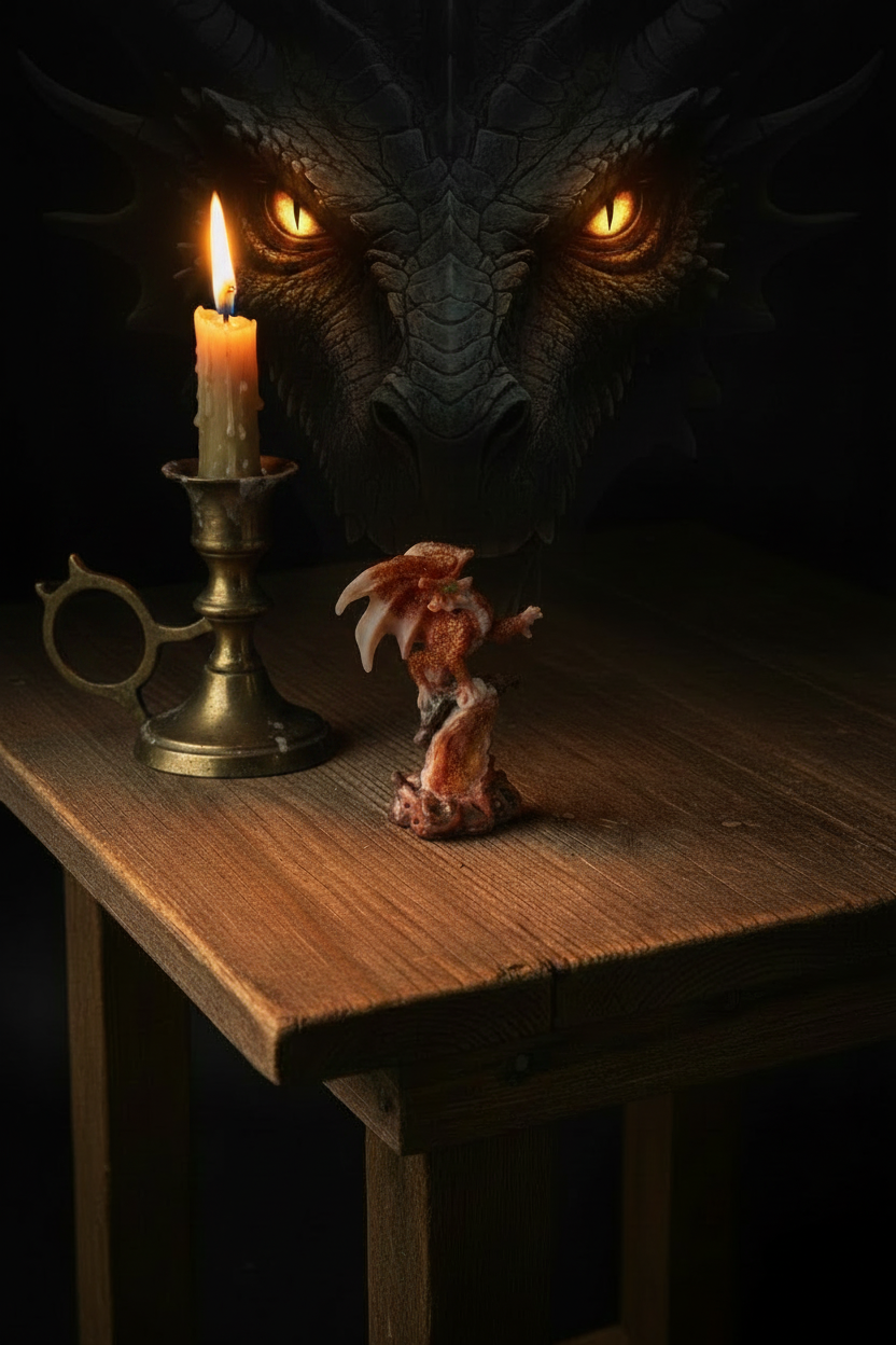 Red Sparkle Dragon with Geode Resin Figurine - Mystical Home Decor on a wooden table with a burning candle casting light on the product. A large black dragon face with glowing eyes peers out from the background darkness.