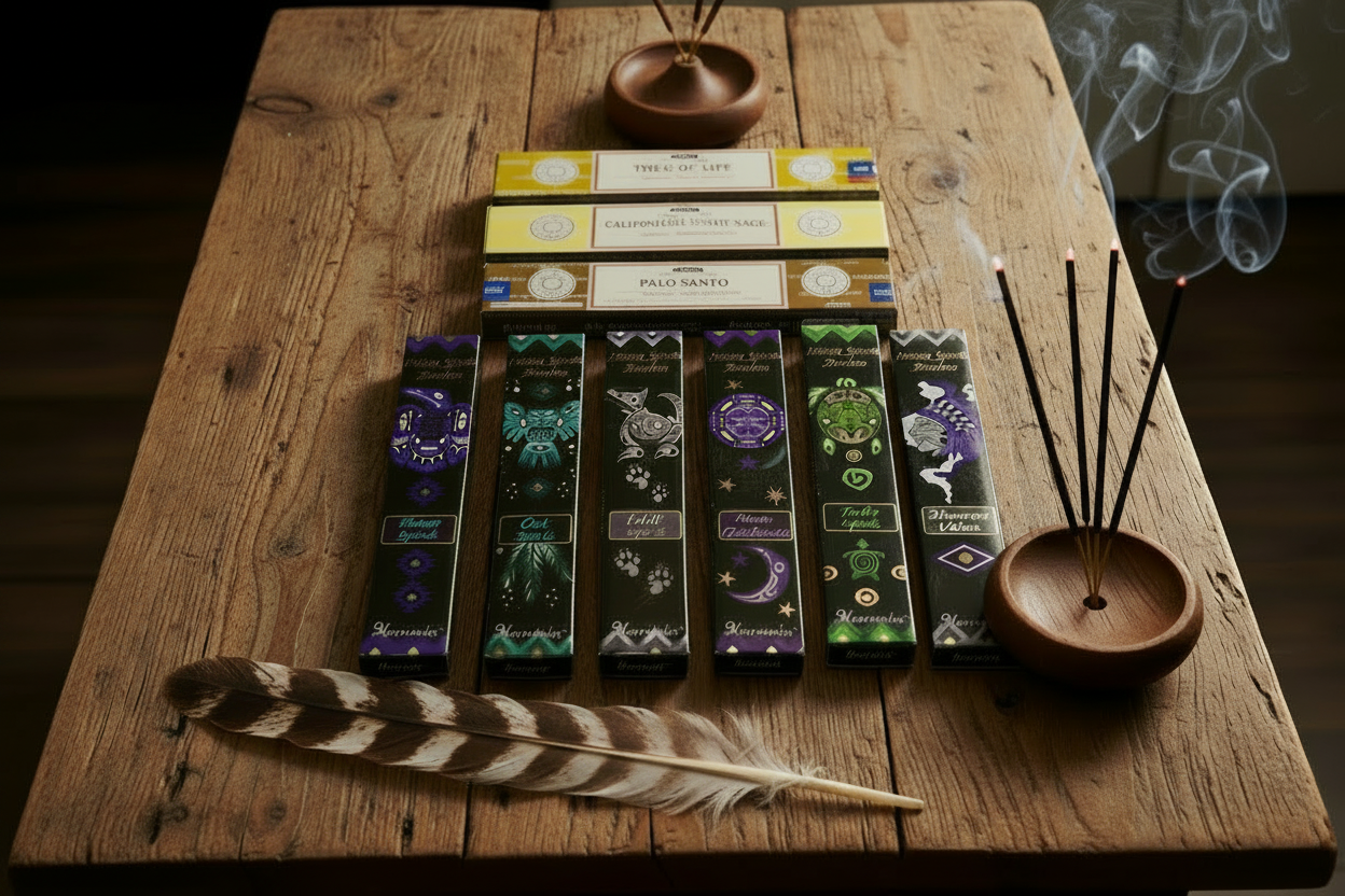 Native Spirits Incense Variety Gift Package on a rustic wooden table with a sacred eagle feather, incense burning and smoke rising.