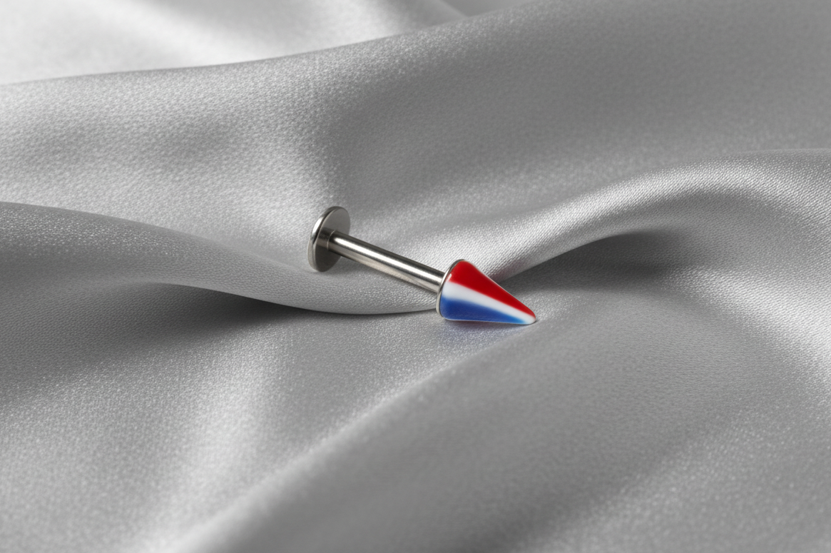 Striped Acrylic Spike Labret Lip Ring in 316l stainless steel.