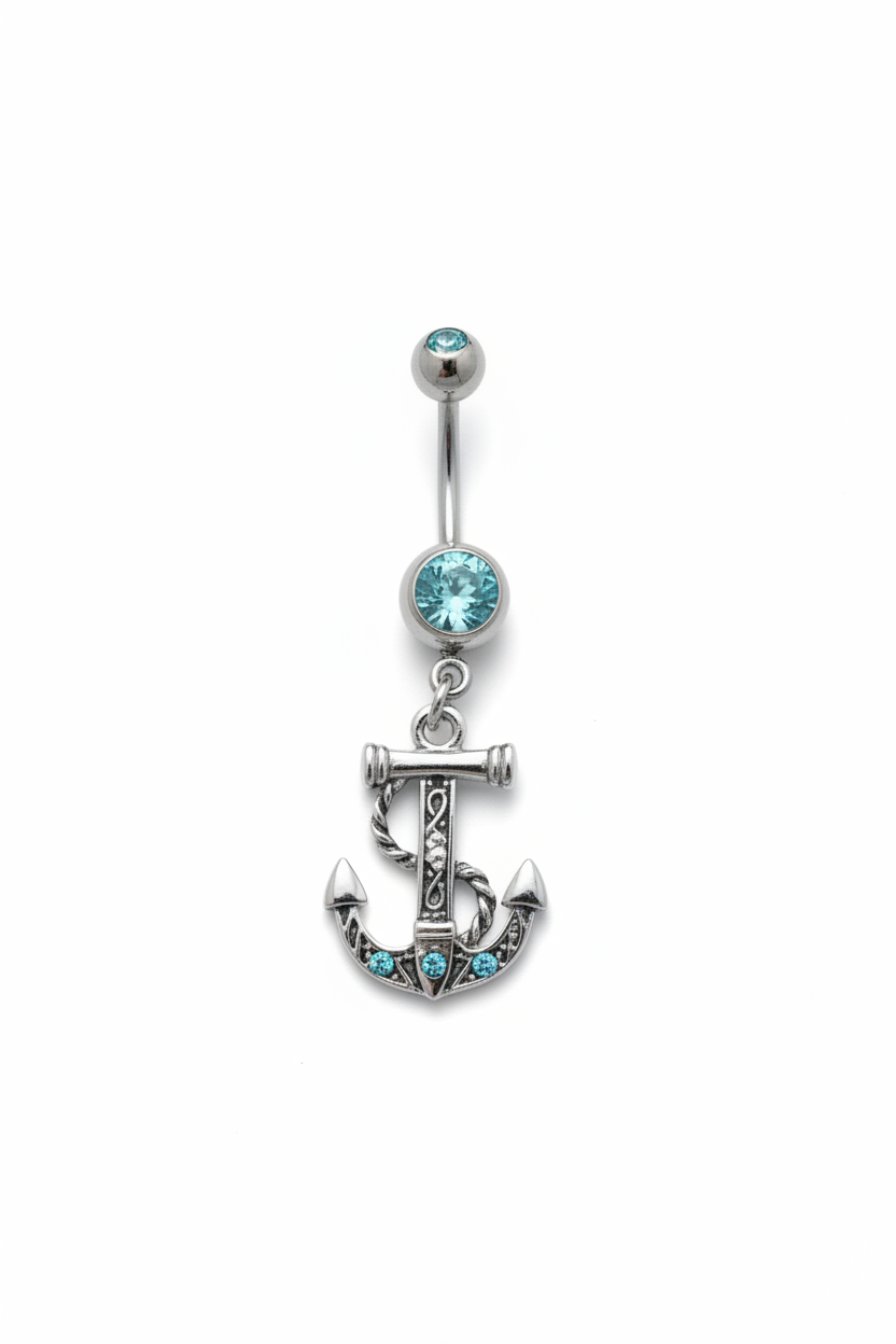 Aqua Crystal Anchor Belly Button Ring in 316l stainless steel close up detail.