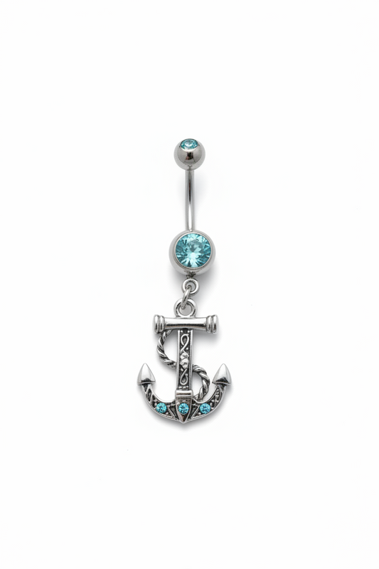 Aqua Crystal Anchor Belly Button Ring in 316l stainless steel close up detail.
