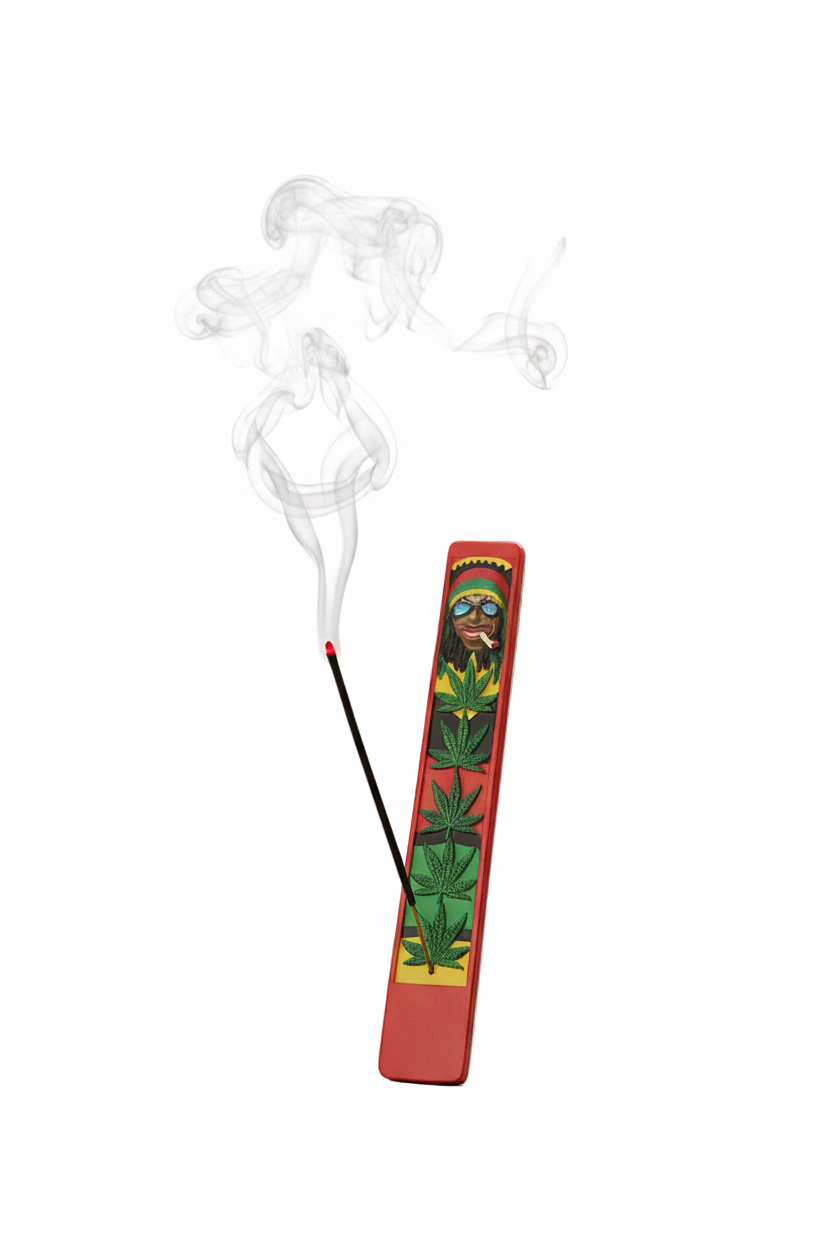 Rastafarian Resin Incense Holder - Free Incense on a white background with incense burning and smoke rising.