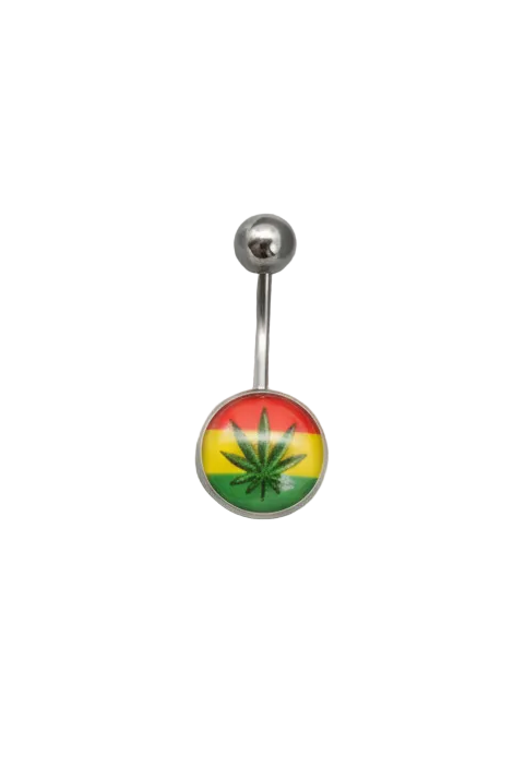 Green Leaf Rastafarian Belly Button Ring in 316l stainless steel on a white background in close up detail.
