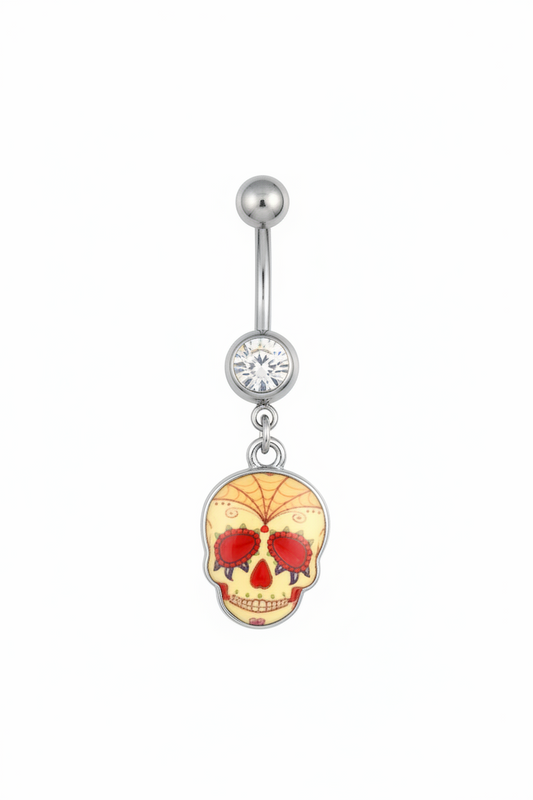 Clear Crystal Spider Web Sugar Skull Belly Button Ring - 316L Stainless Steel