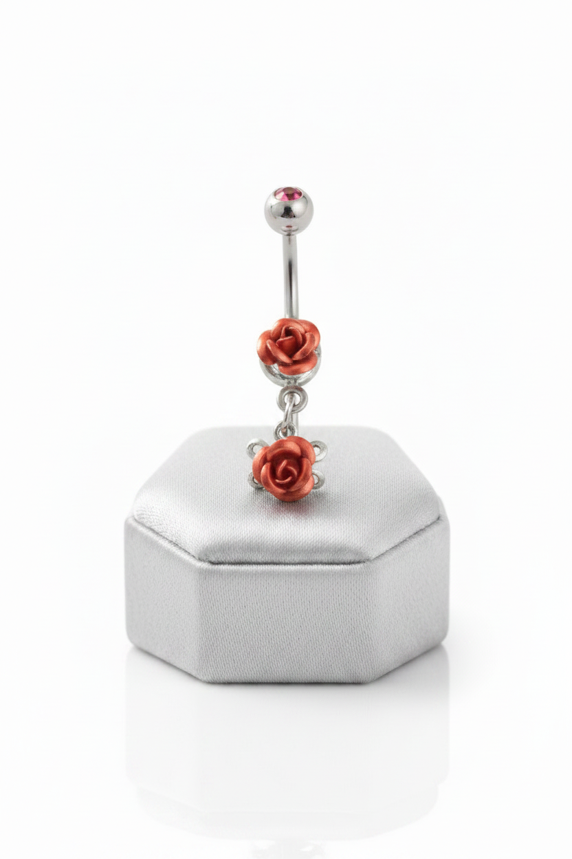Double Red Rose Belly Button Ring in 316l stainless steel on asilver jewelry display.
