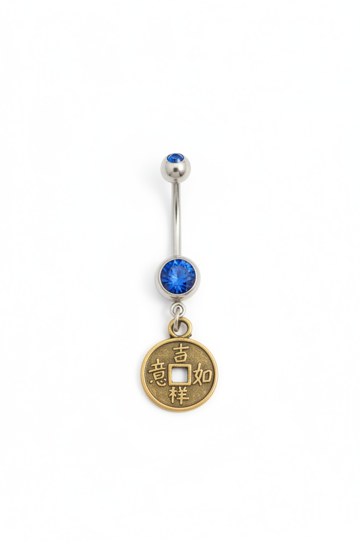 Blue Crystal Bronze I-Ching Belly Button Ring in 316l stainless steel close up detail.