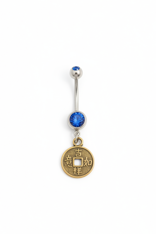 Blue Crystal Bronze I-Ching Belly Button Ring in 316l stainless steel close up detail.