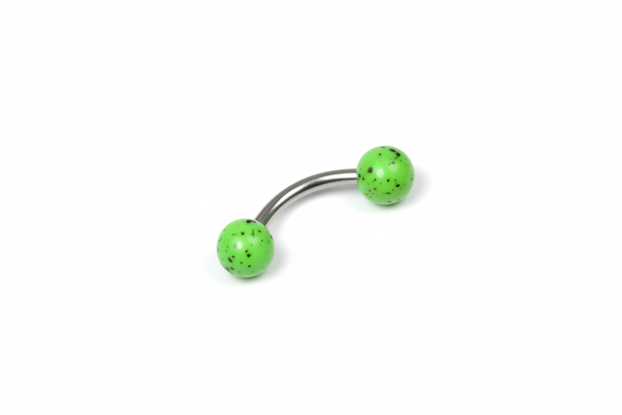 Green Black Speckled Acrylic Eyebrow Ring in 316l stainless steel close up detail.