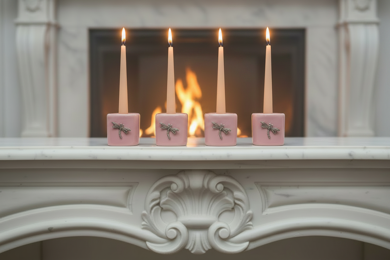 Pink Dragonfly Ceramic Mini Candle Holder Set of Four on the mantle of a fireplace with candles lit showing a warm glow.