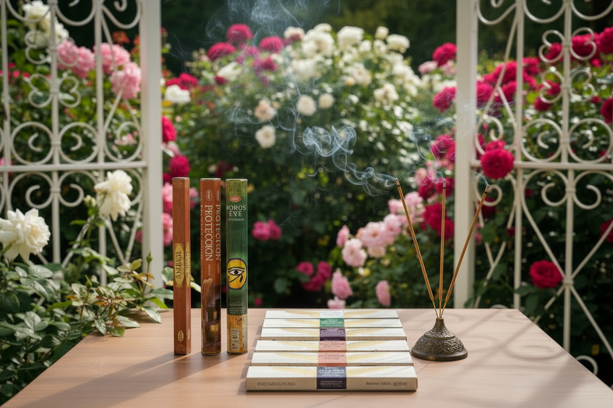 Angelic Protection Incense Variety Gift Package on a wooden table in a rose garden gazebo with incense burning and smoke rising.