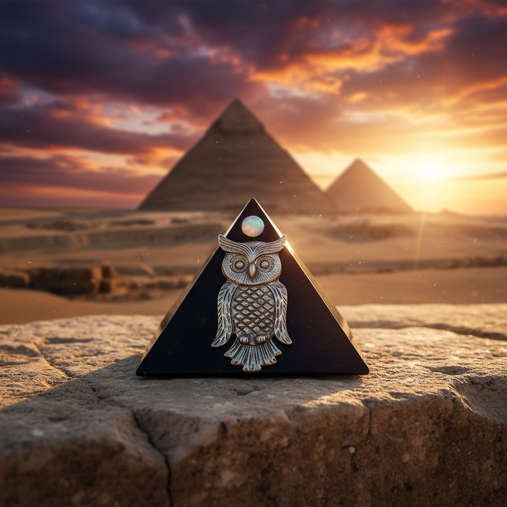Black Owl Mini Glass Pyramid Keepsake Box on a stone surface with Giza plateau in the background.