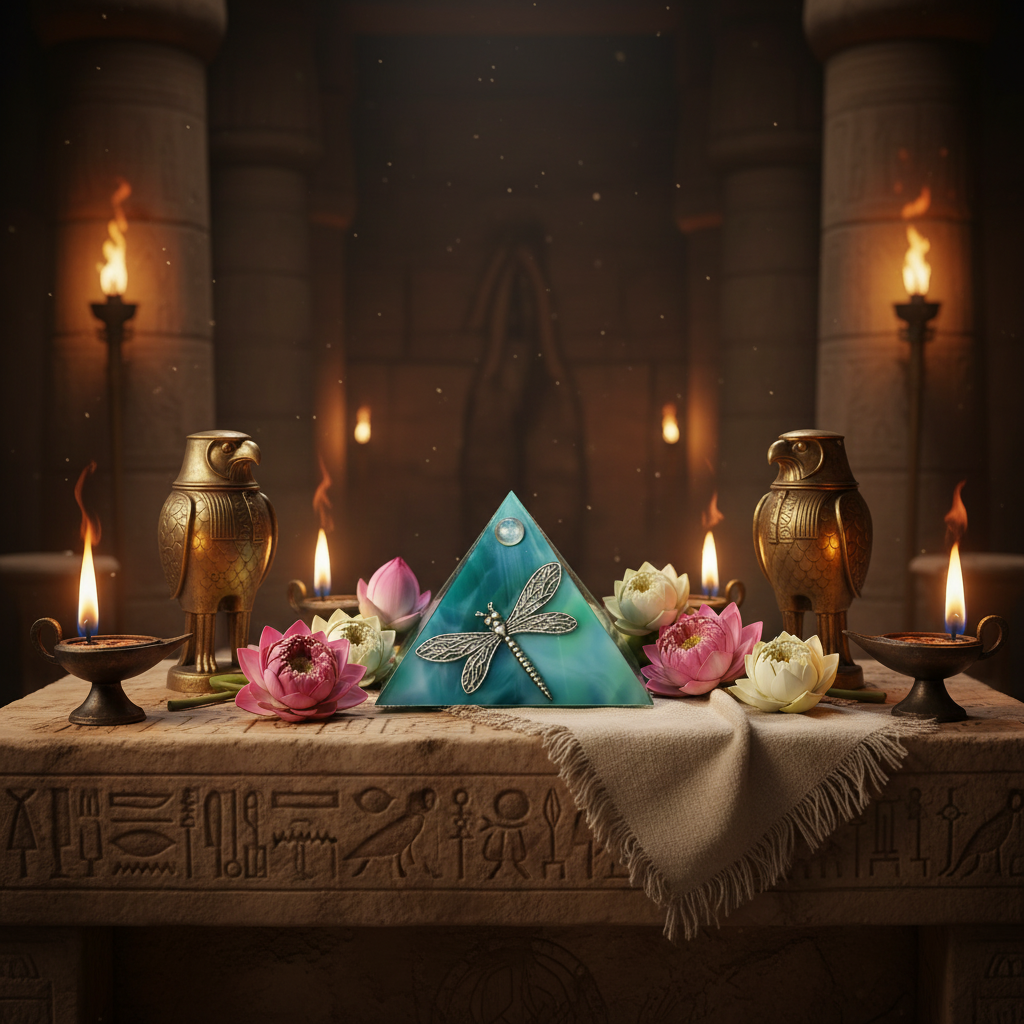 Green Dragonfly Mini Glass Pyramid Keepsake Box on an Egyptian altar.