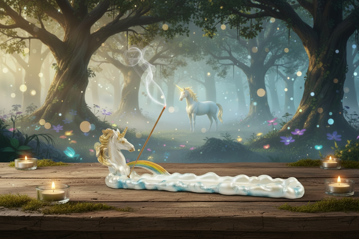 Unicorn Resin Incense Holder - Free Incense on a wooden table in a mystical forest with a unicorn in the background, incense burning and smoke rising.
