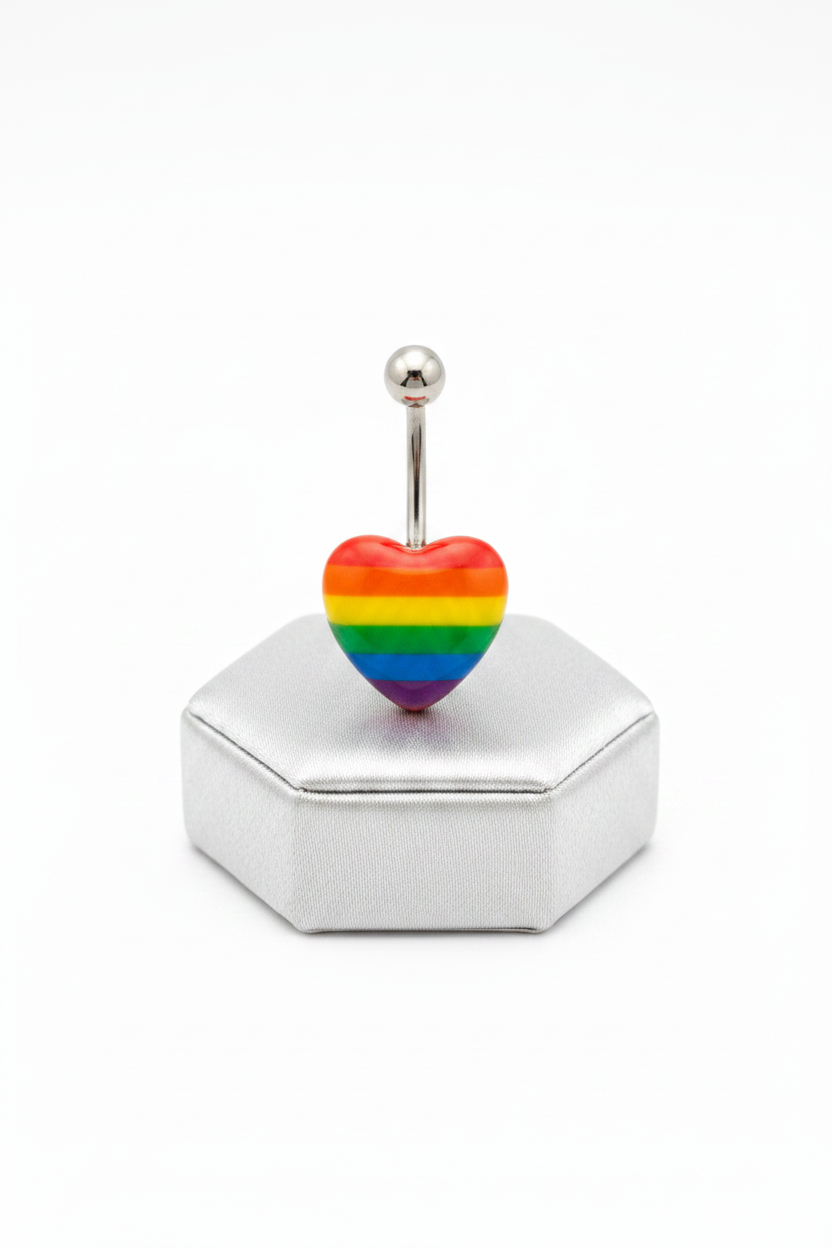 Rainbow Heart Acrylic Belly Button Ring in 316l stainless steel on a silver jewelry display upright angle.