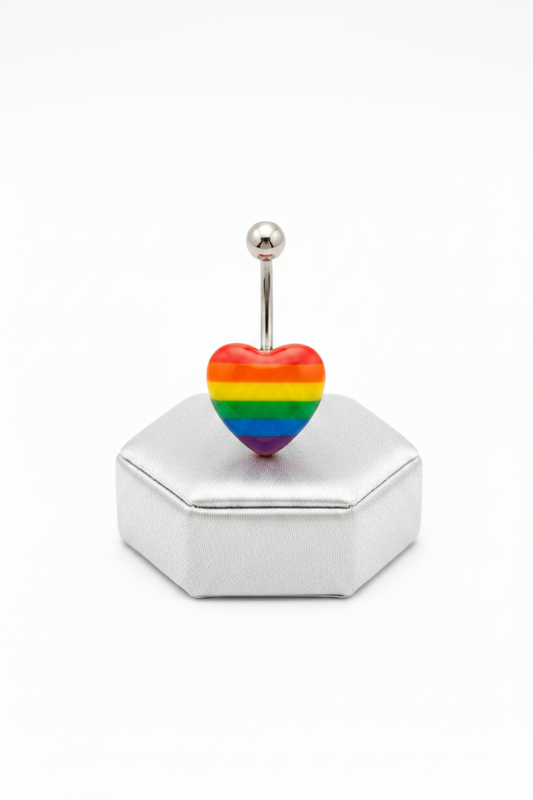 Rainbow Heart Acrylic Belly Button Ring in 316l stainless steel on a silver jewelry display upright angle.