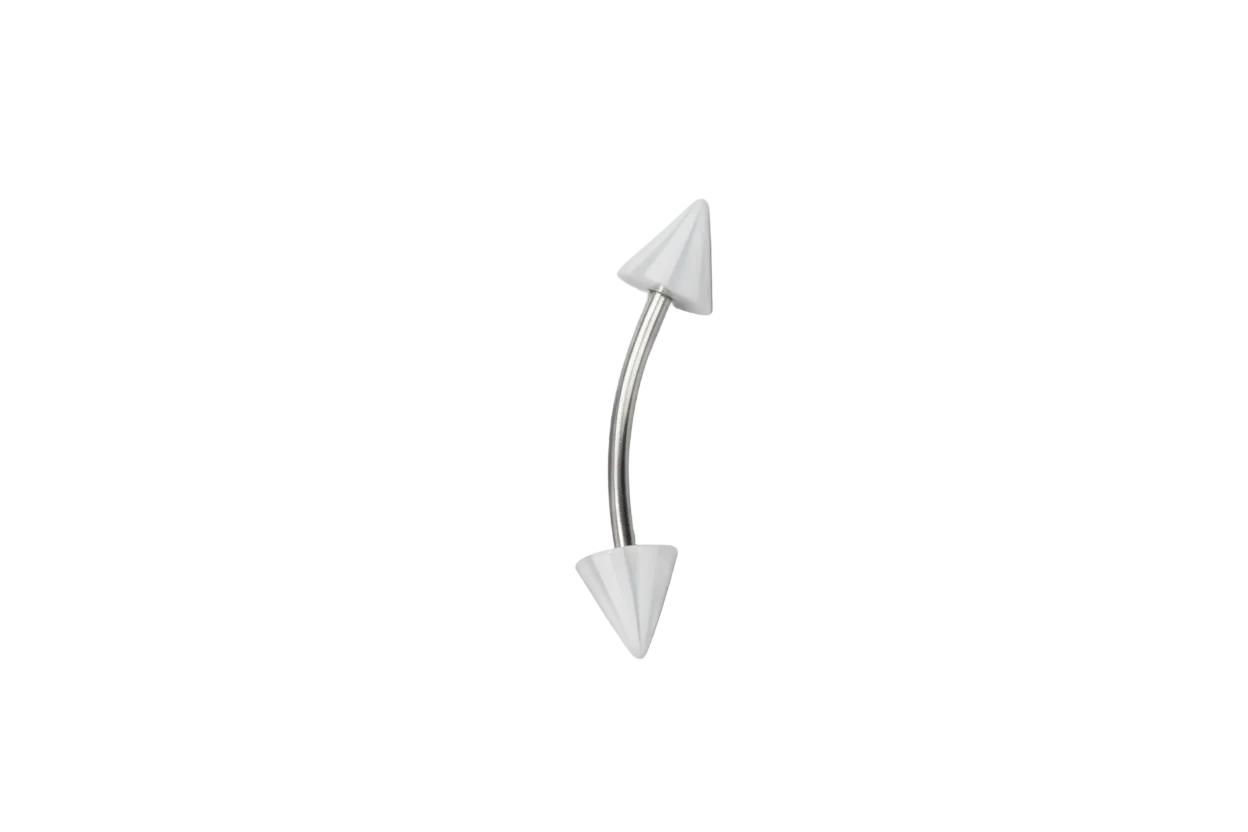 White Acrylic Spiked Eyebrow Ring in 316l stainless steel close up detail.