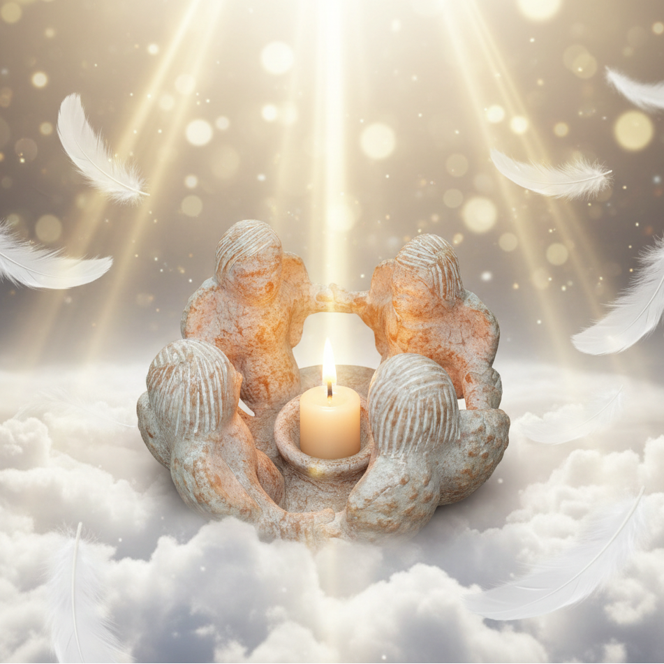 Circle of Angels Terra Cotta Tea Light Candle Holder in an angelic setting surrounded by gold light from above and white dove feathers with the candle lit showing a warm glow.