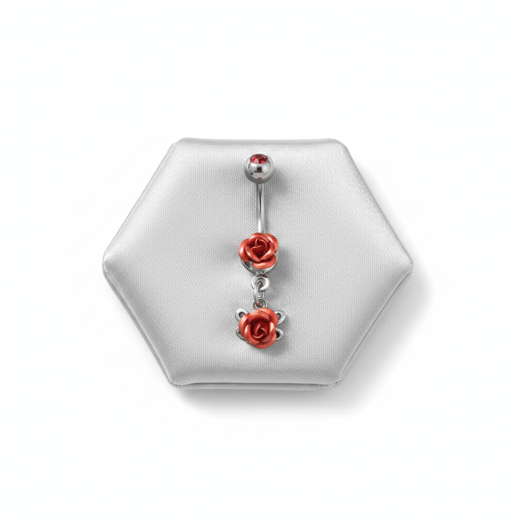 Double Red Rose Belly Button Ring in 316l stainless steel on a silver jewelry display close up detail.