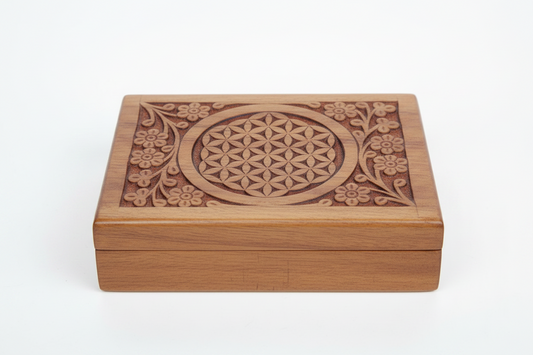 Engraved Flower of Life Wooden Keepsake Box on a white background showing engraved flower of life surface.