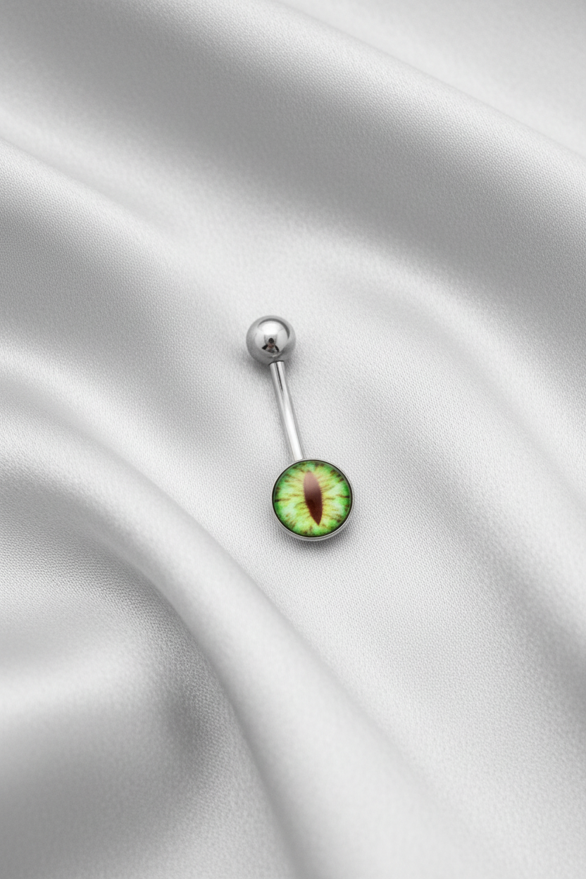 Green Snake Eye belly button ring in 316l stainless steel