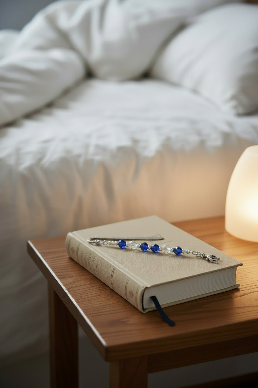 Stag of the Forest Handmade Beaded Silver Plated Bookmark - One of a Kind laying on a book on a bedside table showing glass beadwork.